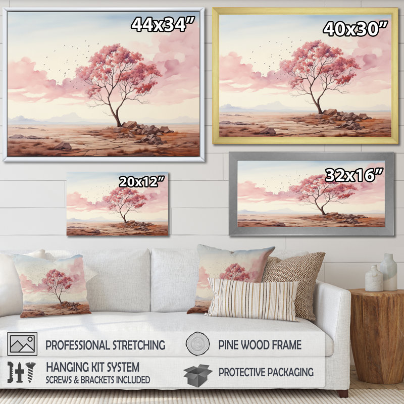 " Minimalism Pink Tree Solitude III ", 16" H x 32" W x 1" D, Gold Floater Framed