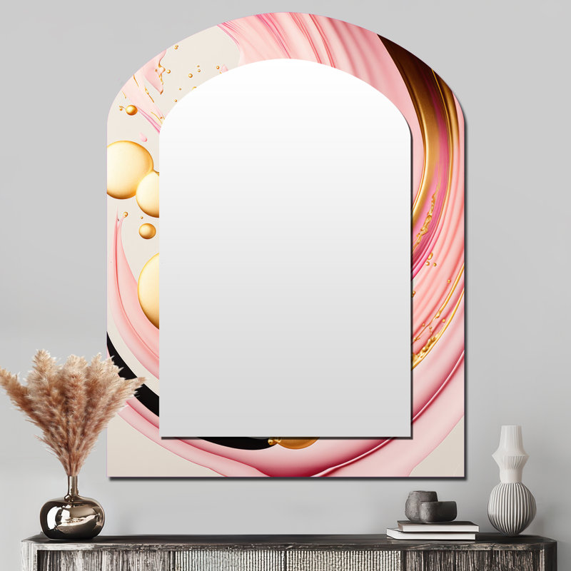 Pink And Gold Abstract Circles II - Abstract Spirals Arch Unique Wall Mirror, Modern Asymmetrical Mirror, Printed Metal Art