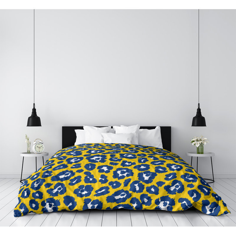 Housse de couette simple à imprimé léopard, Housse de couette pour lit simple, Polyester brossé, Blanc / bleu marine / jaune