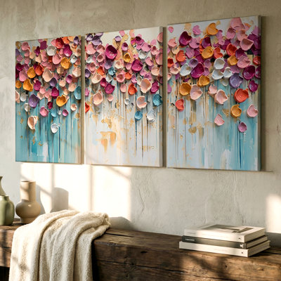 3 pièces, art mural abstrait floral avec pétales texturés, trois pièces d'art mural pour le salon, la chambre à coucher et le bureau, prêt à être accroché