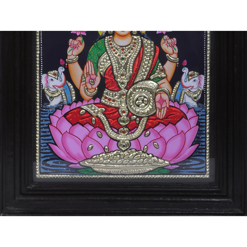 Peinture Devi Gajalakshmi Tanjore avec cadre en bois de teck | Couleurs traditionnelles avec or 24 carats | Fait à la main
