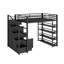Lit mezzanine double en métal avec tablettes de rangement, armoires et garde-robe