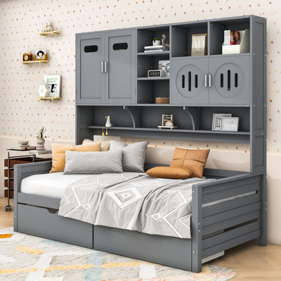 2 Drawers Wood Daybed with Shelves