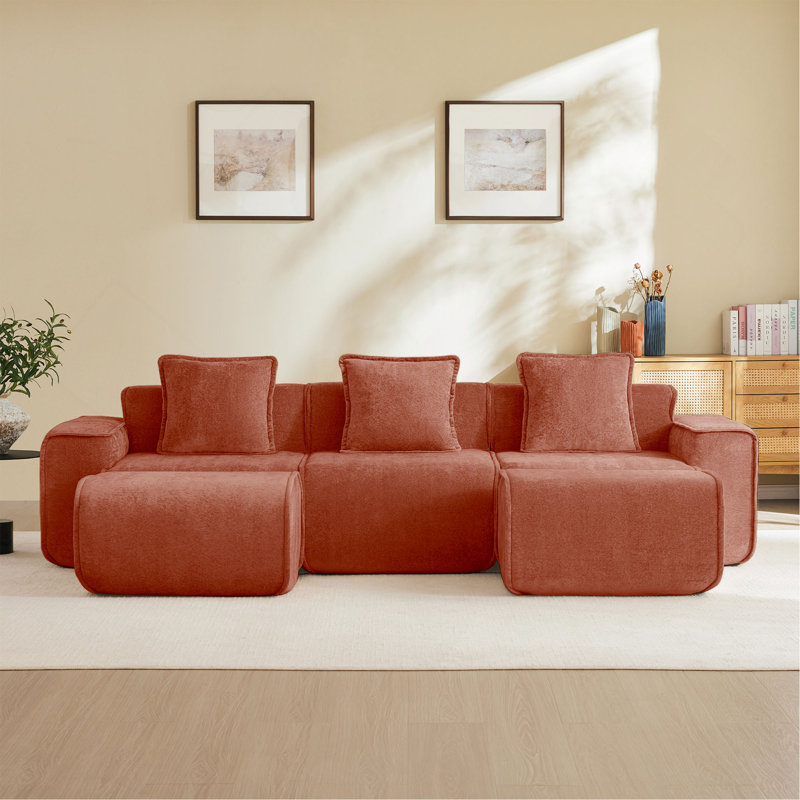Canapé modulaire en U à 3 places avec passepoil à bordure française, sans assemblage requis, canapé 3 places avec coussins décoratifs et 2 repose-pieds mobiles, tissu de velours
