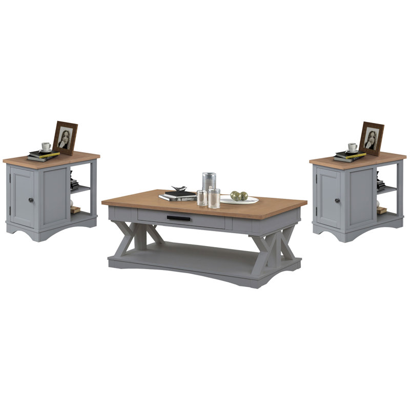 Table basse avec 2 tables d'appoint Stapleton, Naturel patiné, Colombe