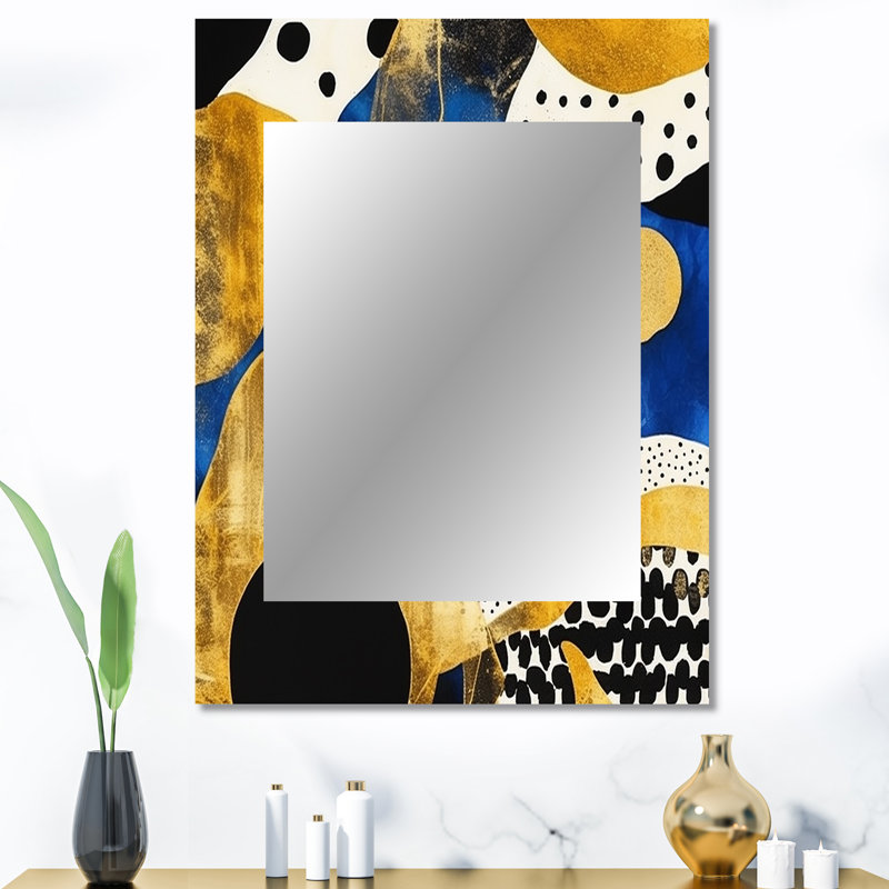 Maelynn Abstract Pattern With Blue & Golden Textures XIII - Minimalism Large Wall Mirror, Modern Decorative Mirror, Printed Metal Art