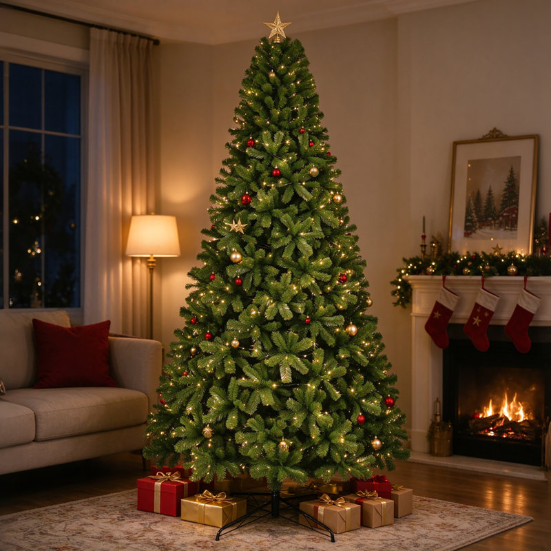 Arbre de Noël artificiel épinette non éclairé 9 pi / 12 pi, embouts de branche en PVC dense, assemblage facile par charnière avec support en métal pliable