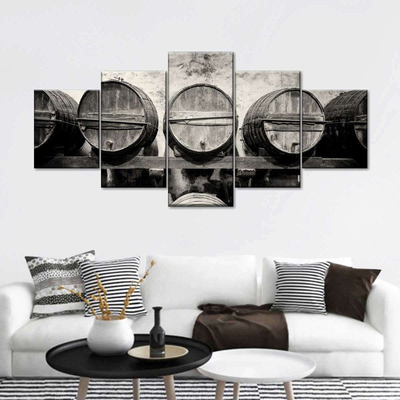 Barils de vin sur toile, reproduction de 5 pièces, H 24 po x l 55 po x P 1,25 po