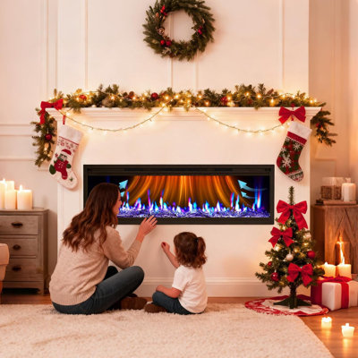 50 in Electric Fireplace Wall Mounted/Recessed with Remote Control, 4.2 in Ultra-Thin Linear Fireplace Heater 750W/1500W with Timer, 12-Color Flames, Log & Crystal Options