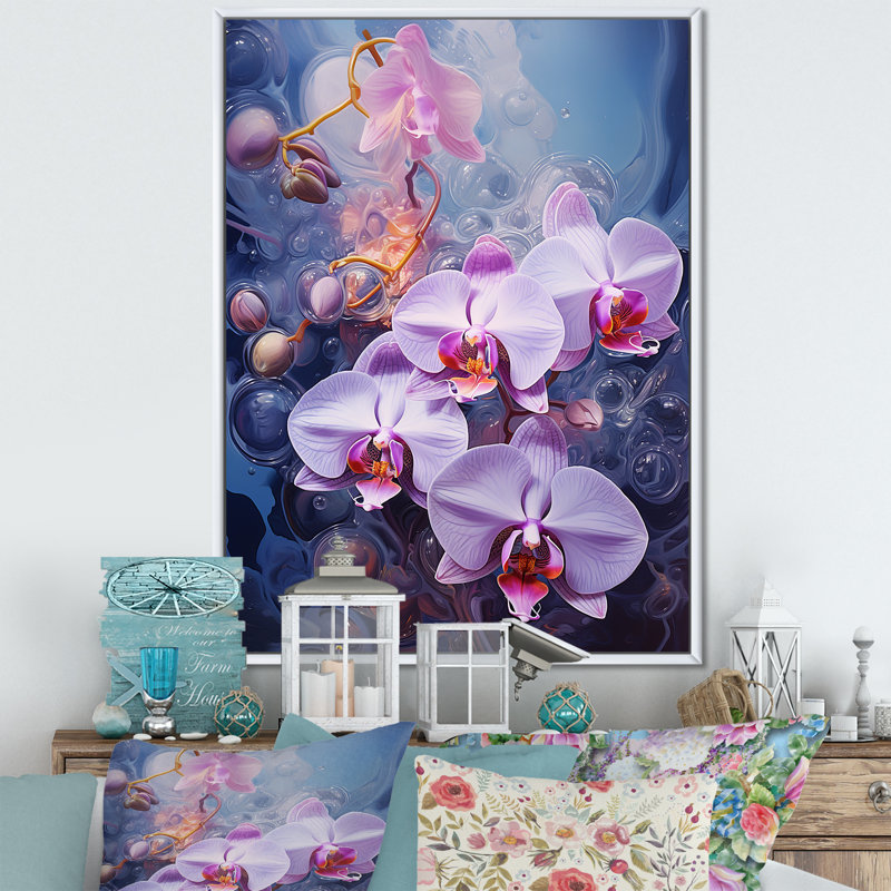 Collage d'orchidées mauves sur toile, Cadre flottant blanc, 32" H x 16" W
