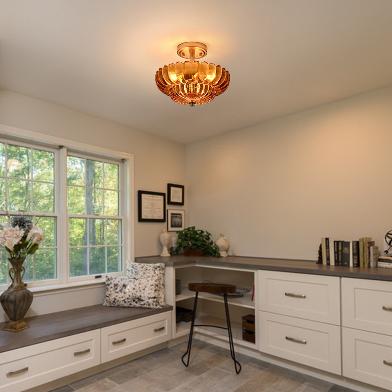 3-Light Modern Gold Semi Flush Mount Ceiling Light With Scalloped Amber Glass Shade, Rose Gold