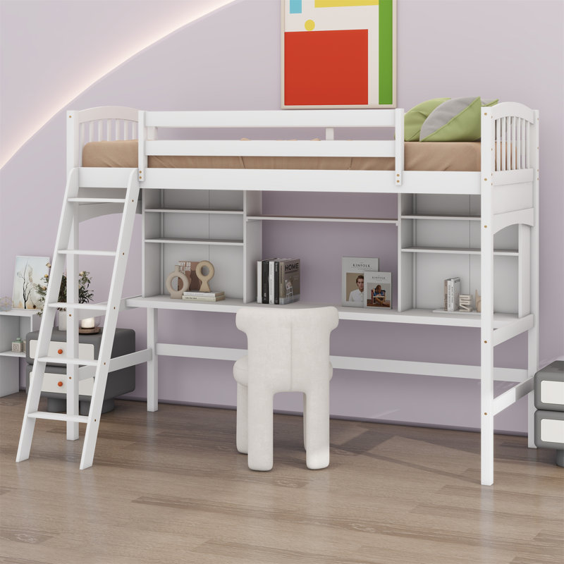Loft Bed With Storage Shelves, Desk And Ladder, White