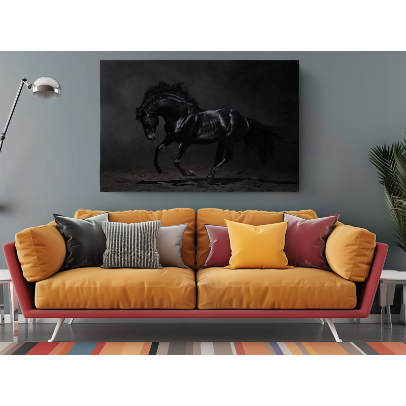 Cheval noir au galop sur fond sombre, 40" H x 60" W