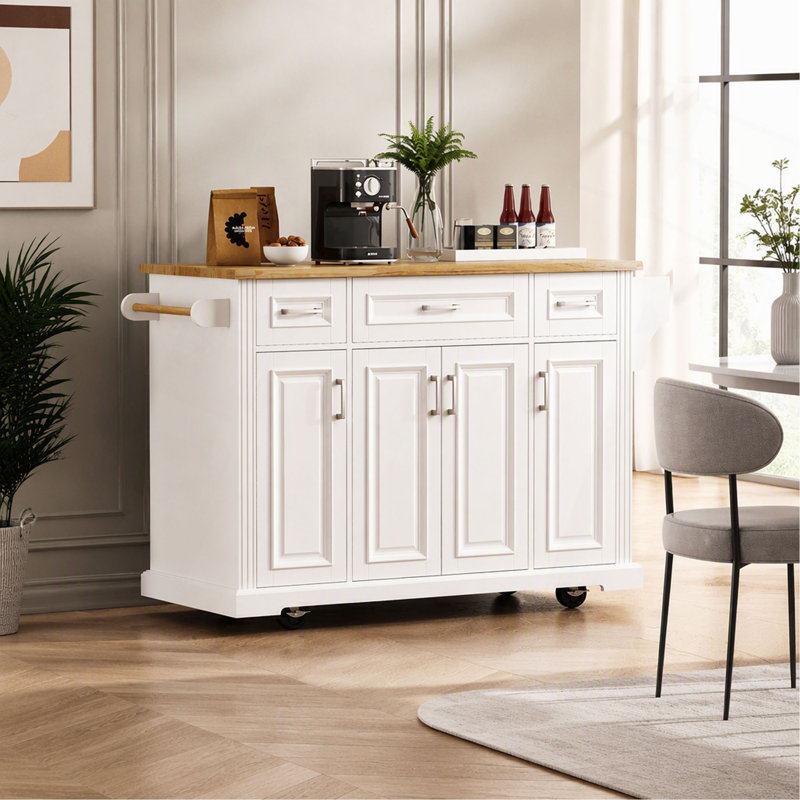 Îlot de cuisine K&K de 137 cm (54 pouces) avec plateau rabattable en bois d'hévéa, chariot de cuisine à roulettes texturé en relief sur 4 roues avec 4 portes et 3 tiroirs, îlot de cuisine avec rangement pour cuisine et salle à manger.