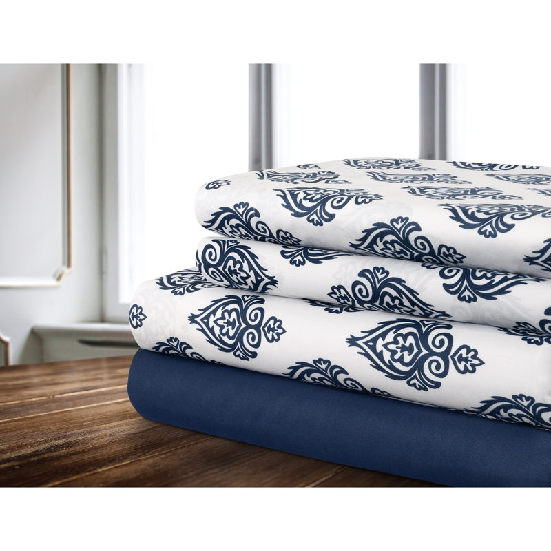 Microfiber Damask Fitted Sheet, Navy, Twin Sheet Set + 1 Fitted Sheet + 1 Pillowcase