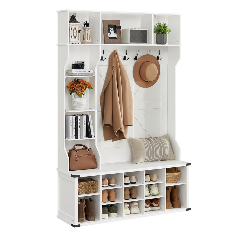 Hall Tree 51.2'' Wide with Bench and Shoe Storage, Adjustable Shelves, White