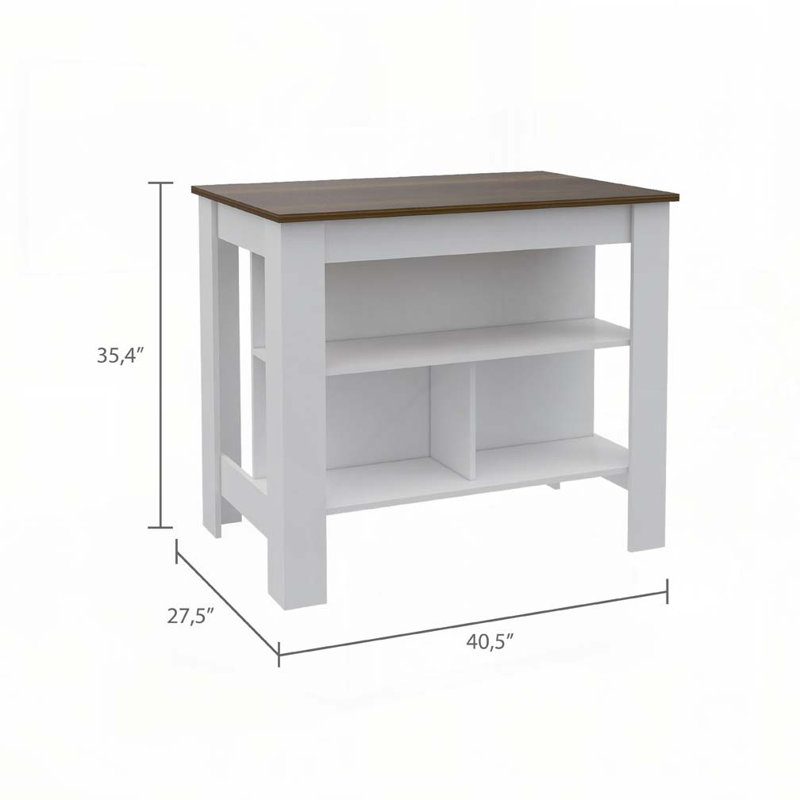  Table pour îlot de cuisine avec tablettes de rangement ouvertes et poste de travail Brooklyn, Blanc, Noyer