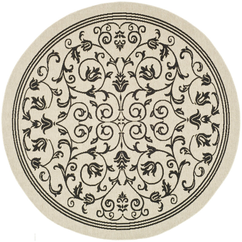 Tapis intérieur / extérieur à motif floral sable / noir Arneshia, Rond 5 pi 3 po