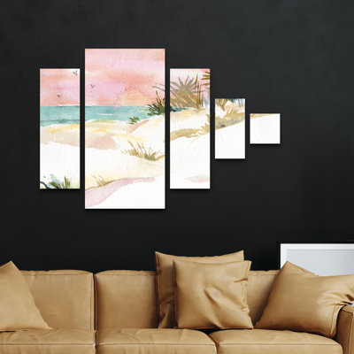 Ensemble de 5 panneaux muraux - Sheila Golden «Beachscape 2», art mural sur toile pour le salon, la chambre à coucher ou le bureau 