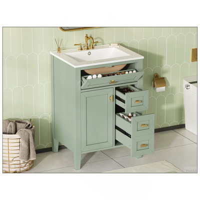Meuble-lavabo vert de 24 po avec lavabo, panneau de fibres à densité moyenne et fabrication en bois d'hévéa, 3 tiroirs et armoire avec support de rangement à 2 niveaux, porte et tiroirs à fermeture en douceur, conception moderne pour les petites et moyennes salles de bain