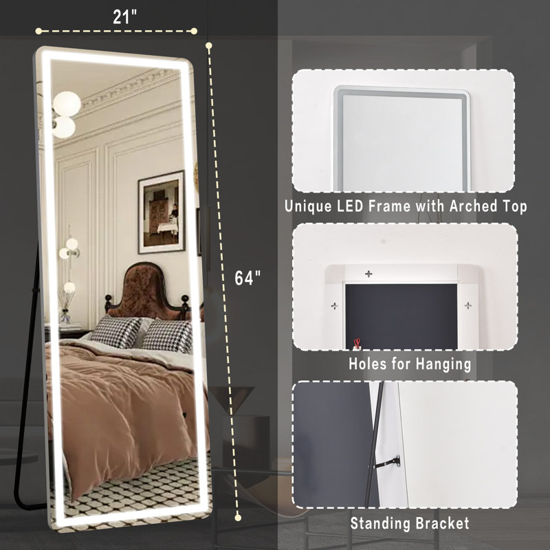 Holroyd Lighted Full Length Mirror with Stand Rectangle LED Wall Mirror, 21" x 64" W x 2'' D, White
