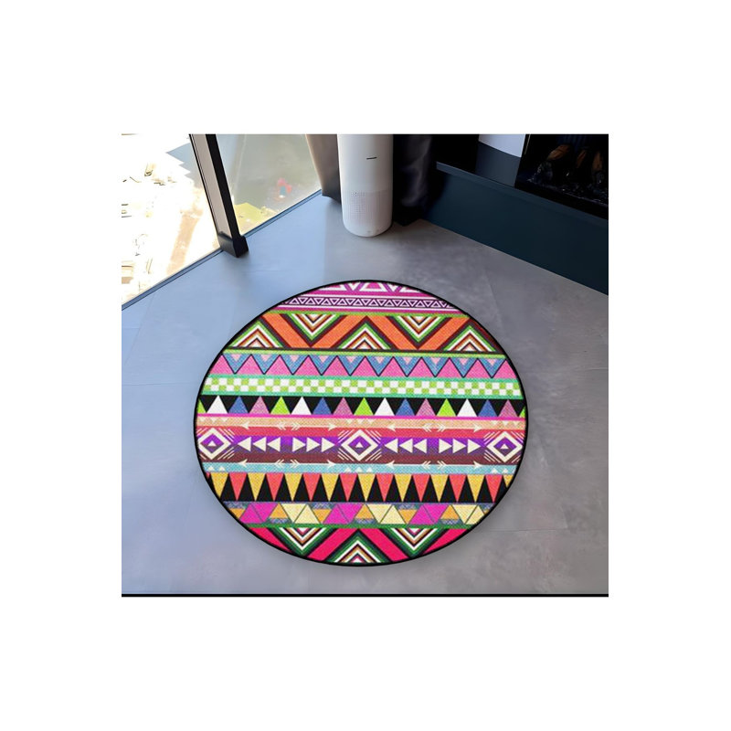 Tapis rond rond à motif géométrique multicolore lavable à la machine, Sous-tapis rond 4 pi 11 po inclus