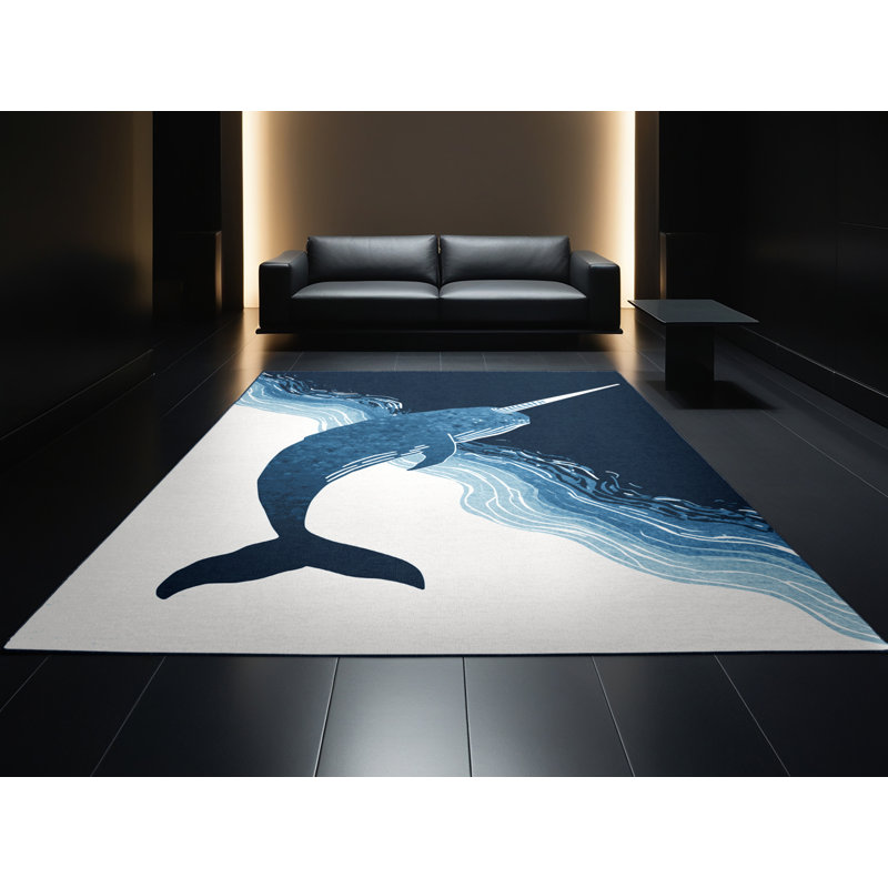 Machine Washable Peirsen Narwhal Modern & Contemporary Ombre Rug in Blue – Navy Binding, 2x4