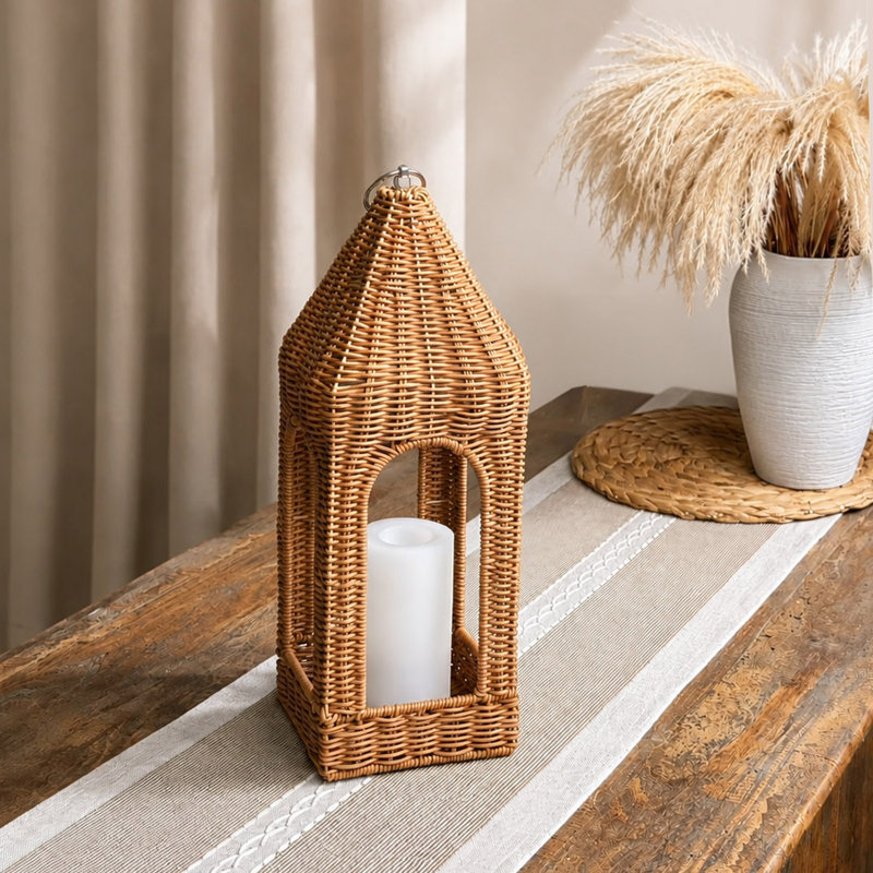 H17 Inch Natural Rattan Solar Lantern With Led Flameless Candle Handwoven Wicker Decorative Lantern For Tabletop Patio Porch Farmhouse Indoor Outdoor Decor