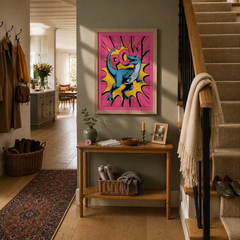 Dinosaur Pow Pop Art - Framed Print, A1 - 84.1 x 59.4 cm, Oak