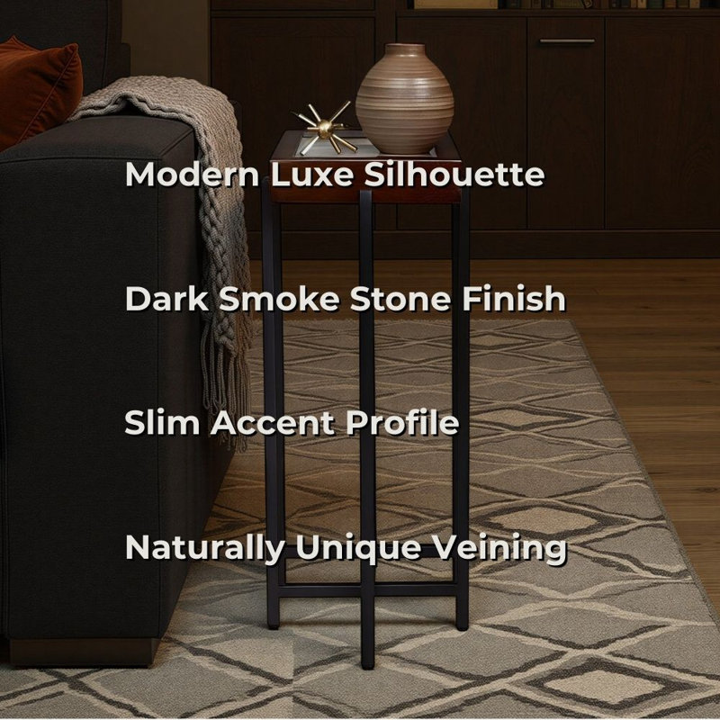 Framed Stone Top Accent Table With Metal Base, Dark Smoke Top/Black Base