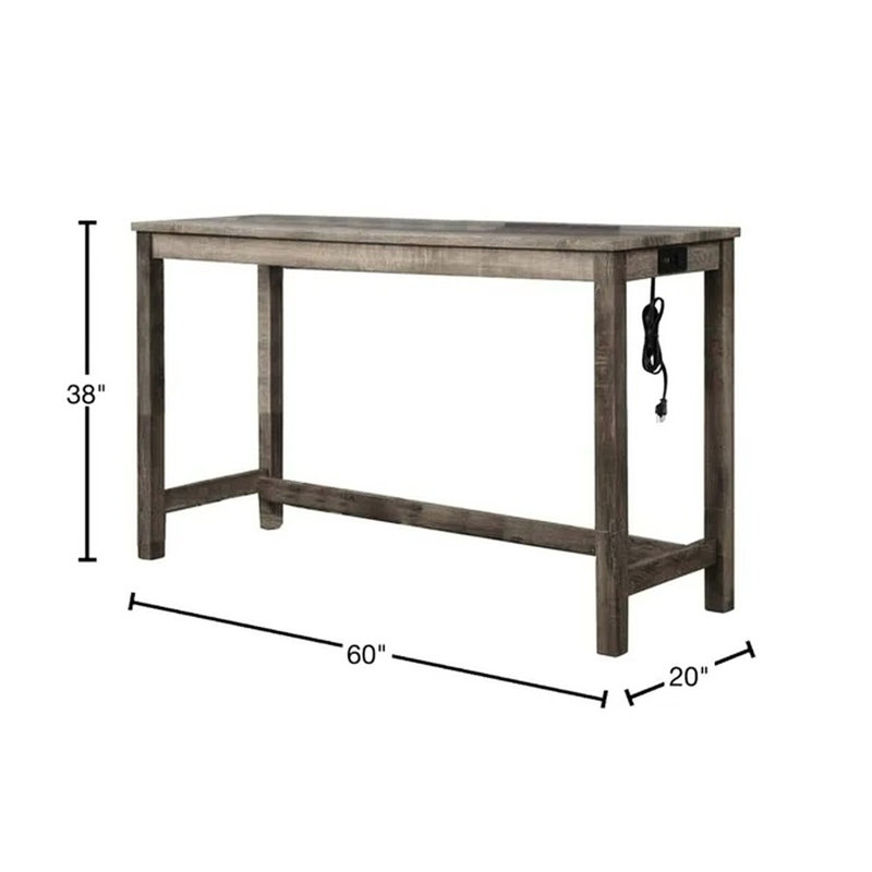 Table de salle à manger rustique 3 pièces: table en bois massif avec prise électrique, 2 tabourets rembourrés beiges pour un espace intime, mélange de lin, style transitionnel