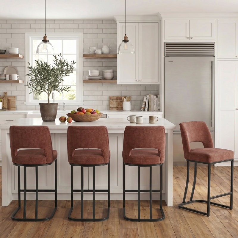Ensemble de 4 tabourets de bar modernes à hauteur de comptoir en chenille avec dossier ouvert et base en métal noir mat pour îlot de cuisine, salle à manger