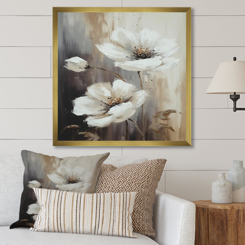 " White Brown Hibiscus Blossoms II ", 36" H x 36" W x 1.5" D, Gold Picture Framed