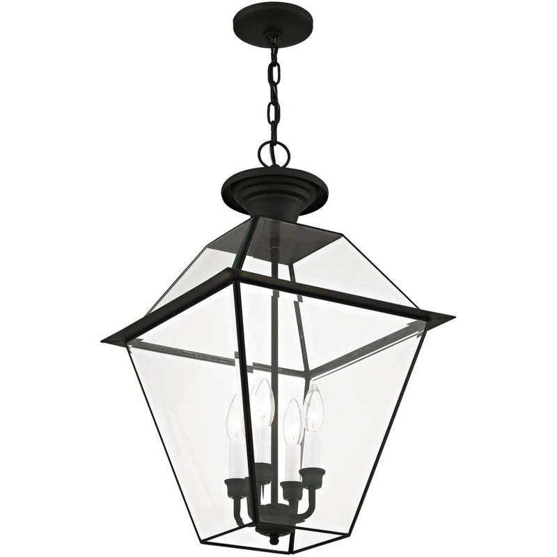 15in 4 Light Outdoor Chain Lantern Pendant Lighting + Clear Beveled Glass Shade [ Title], Black