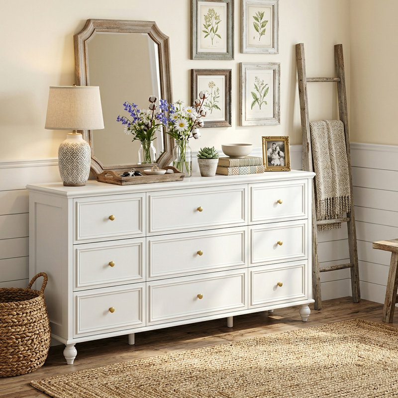 Commode 9 tiroirs Classic Elegance avec poignées en laiton - Intemporel, Blanc
