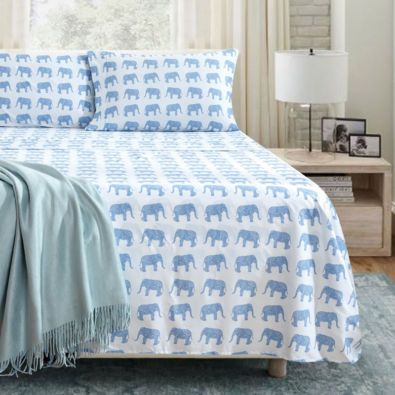 Elephant 100% Cotton Animal Print Sheet Set, Queen, Gray