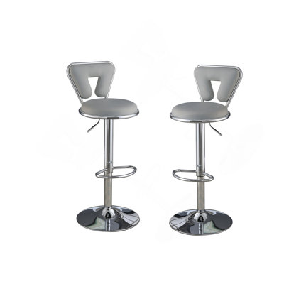 Adjustable Bar Stool Gas Lift Chair Gray Faux Leather Chrome Base Metal Frame Modern Stylish Set Of 2 Chairs