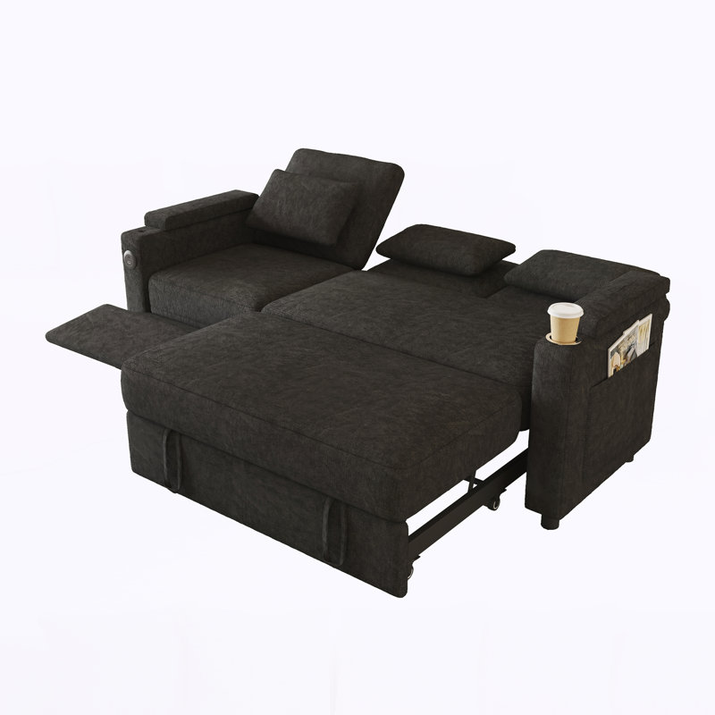 Canapé-lit pliable 3-en-3 pour trois personnes avec une table et des ports USB, accoudoirs avec fonction de rangement.