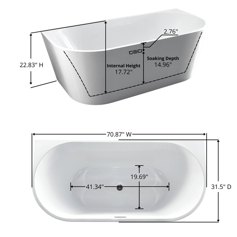 71  inch Freestanding Acrylic Bathtub in Glossy White