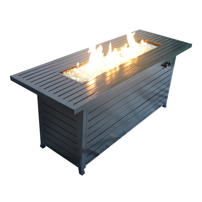 57In Outdoor Gas Propane Fire Pits Table, Aluminum, 50000BTU Firepit Fireplace Dinning Table With Lid, Fire Glass, Retangular, ETL Certification, For Garden Backyard Deck Patio-Hammered Black