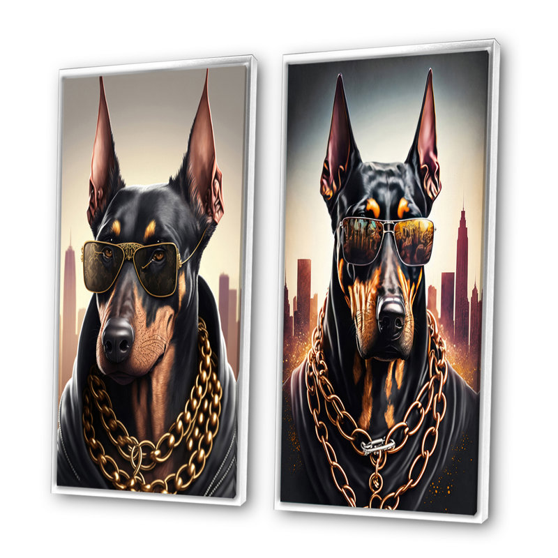 «Doberman Gangster in NYC» - ensemble de 2 reproductions, Cadre blanc, H 20 po x l 24 po