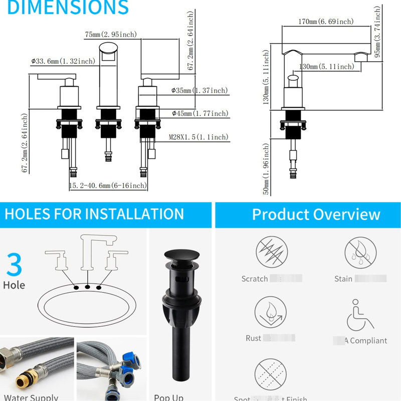 Robinet de salle de bain noir mat à cascade, drain escamotable à 2 poignées, tuyau d'alimentation, robinet de 8 pouces avec ensemble de drain, 2 poignées, 8
