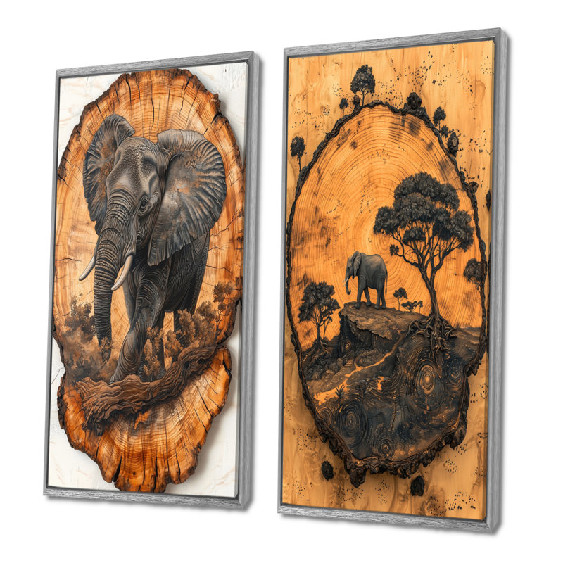 Éléphant sous le baobab, glissade sur bois I - animaux, collection d'art mural, 2 pièces, H 28 po x l 25 po