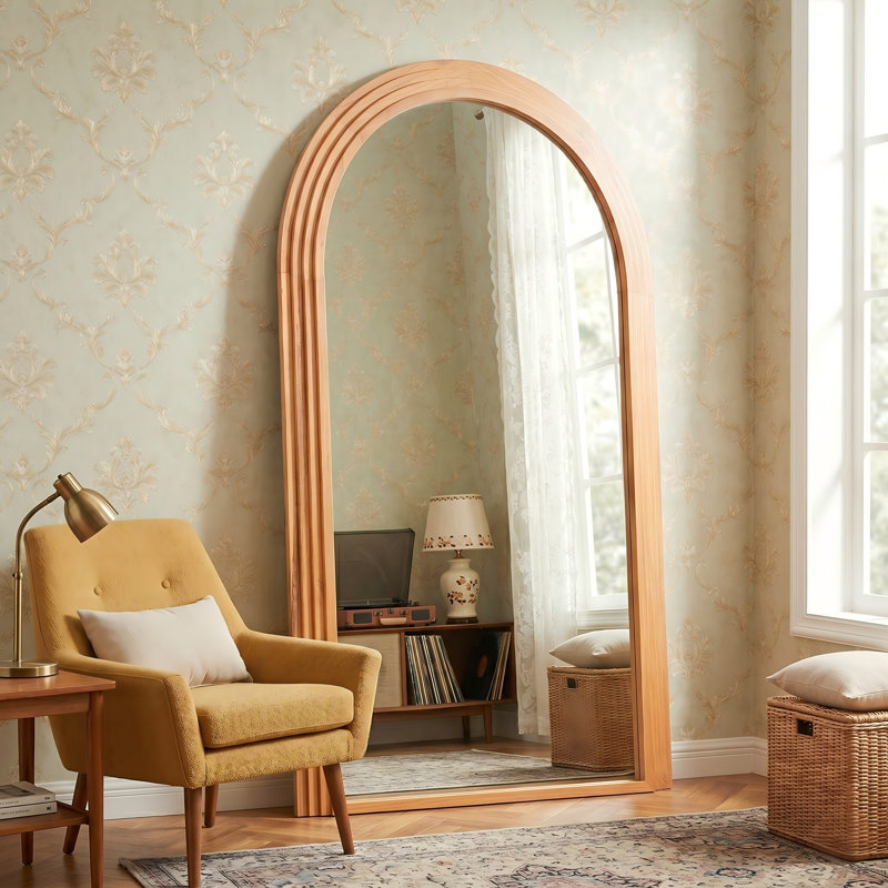 43 in. W x 71 in. H Arched Solid Wood Framed Floor Mirror Oversized Freestanding Mirror