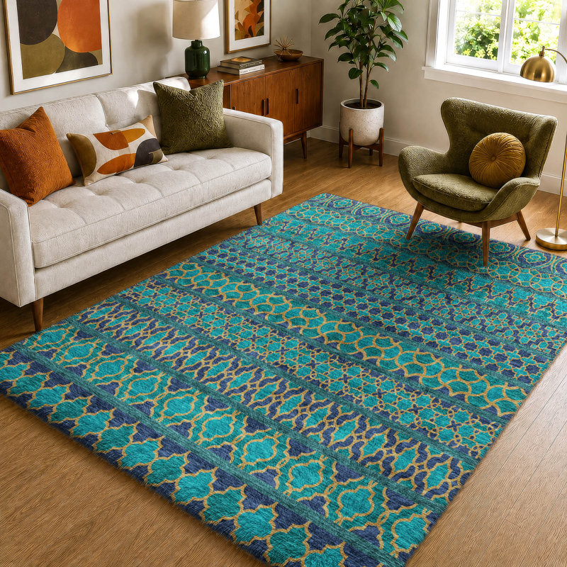 Tapis bohème shggy de rêve lavable à la machine de qualité supérieure, Teal, 9 pi x 12 pi