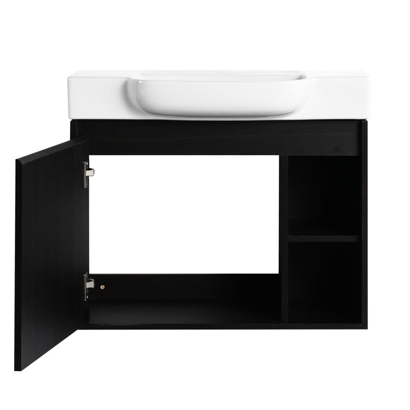 Meuble-lavabo mural blanc en céramique 28 po avec aspect chêne foncé, mécanisme de fermeture en douceur, 45 poignées cachées, armoire à une porte, deux tablettes ouvertes, finition à l'eau, fonction, design,