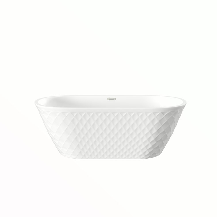 67'' acrylic freestanding bathtub with unique diamond pattern design: spacious oval shape, finish, brushed nickel overflow and pop-up drain CUPC Certificate