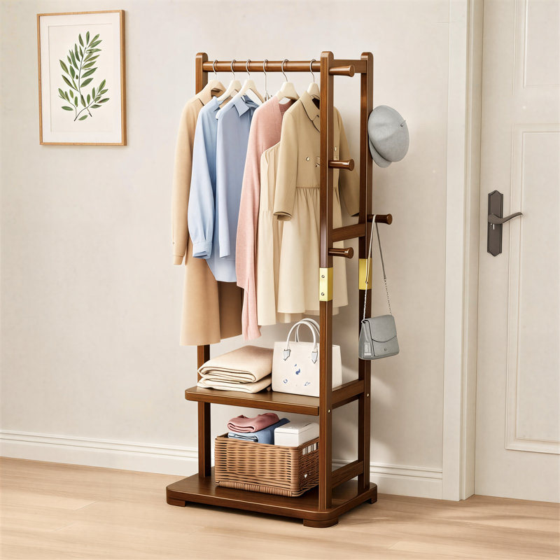 Solid Wood Floor-Standing Heavy-Duty Coat Rack, Double-Layered With Four Hooks, Suitable For Hanging Clothes, Bags, And Hats; Ideal For Entryways, Bedrooms, And Hallways.