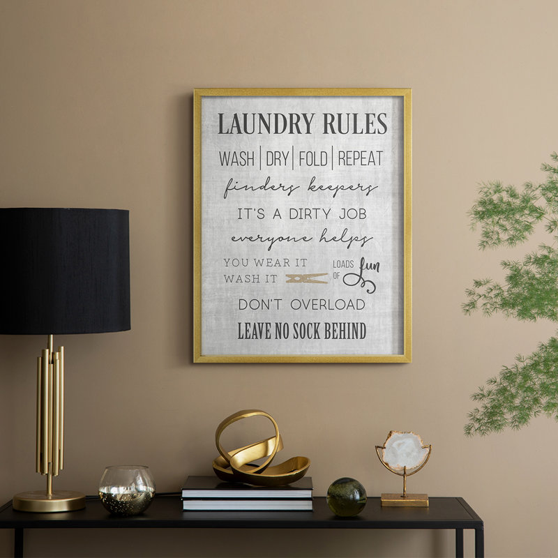 Neutral Laundry Rules Framed Print - Solid Wood, 21" H x 17" W, Gold