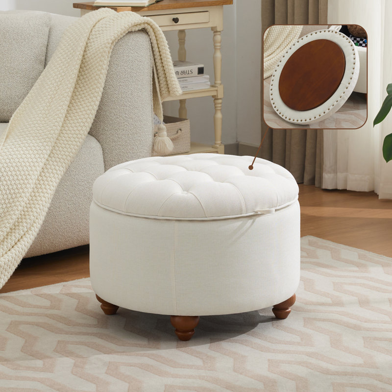 24’’ Wide Upholstered Tufted Round Storage Ottoman, Beige Linen